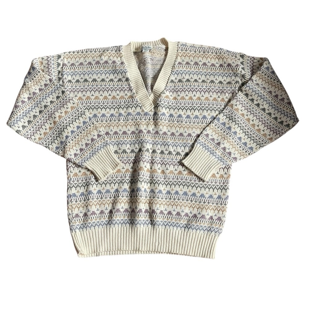 Steeple Chase Vintage Cream and Muliticolor V-neck Sweater US XL